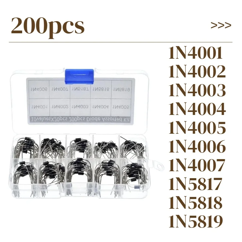 200Pcs 10 Values Rectifier Diode Assorted Kit 1N5817 1N5818 1N5819 1N4001 1N4002 1N4003 1N4004 1N4005 1N4006 1N4007 with Box