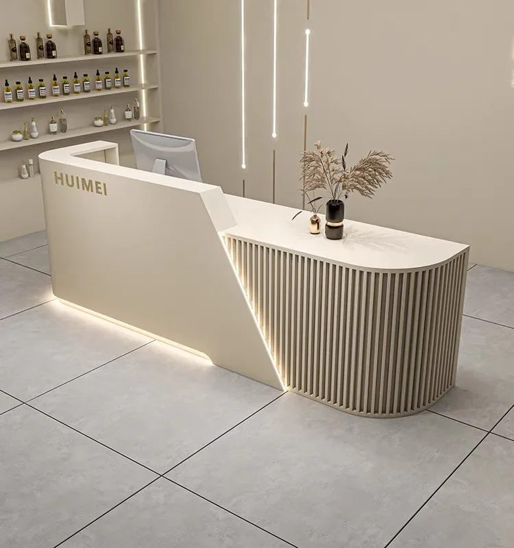 

Light luxury front desk beauty salon checkout page Simple modern arc reception desk