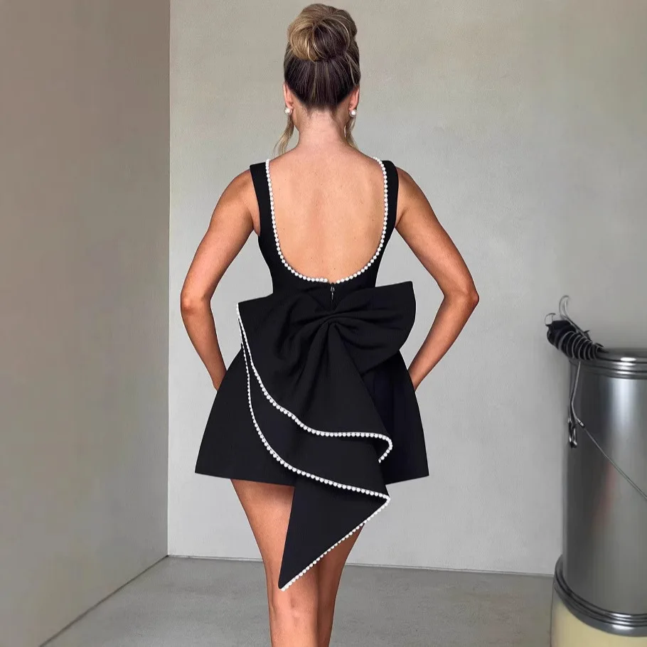 

Summer women's wear pearl bowknot fashion slim short skirt backless hot girl A-line dress
