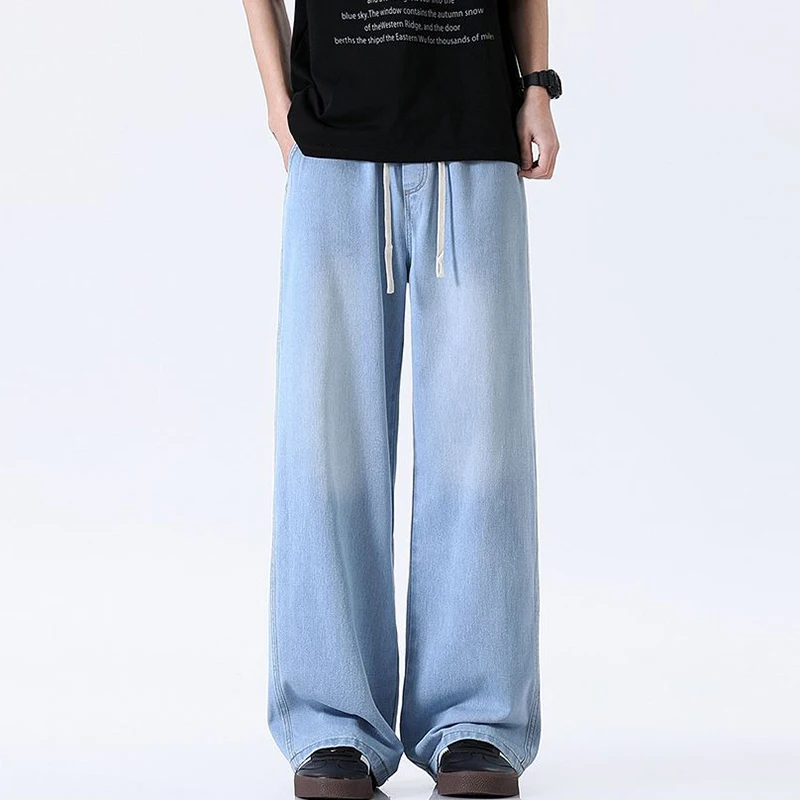 Jean classique décontracté pour homme, pantalon en Denim, ample, droit, coupe cintrée, taille élastique, gris fumé, bleu clair, hiver