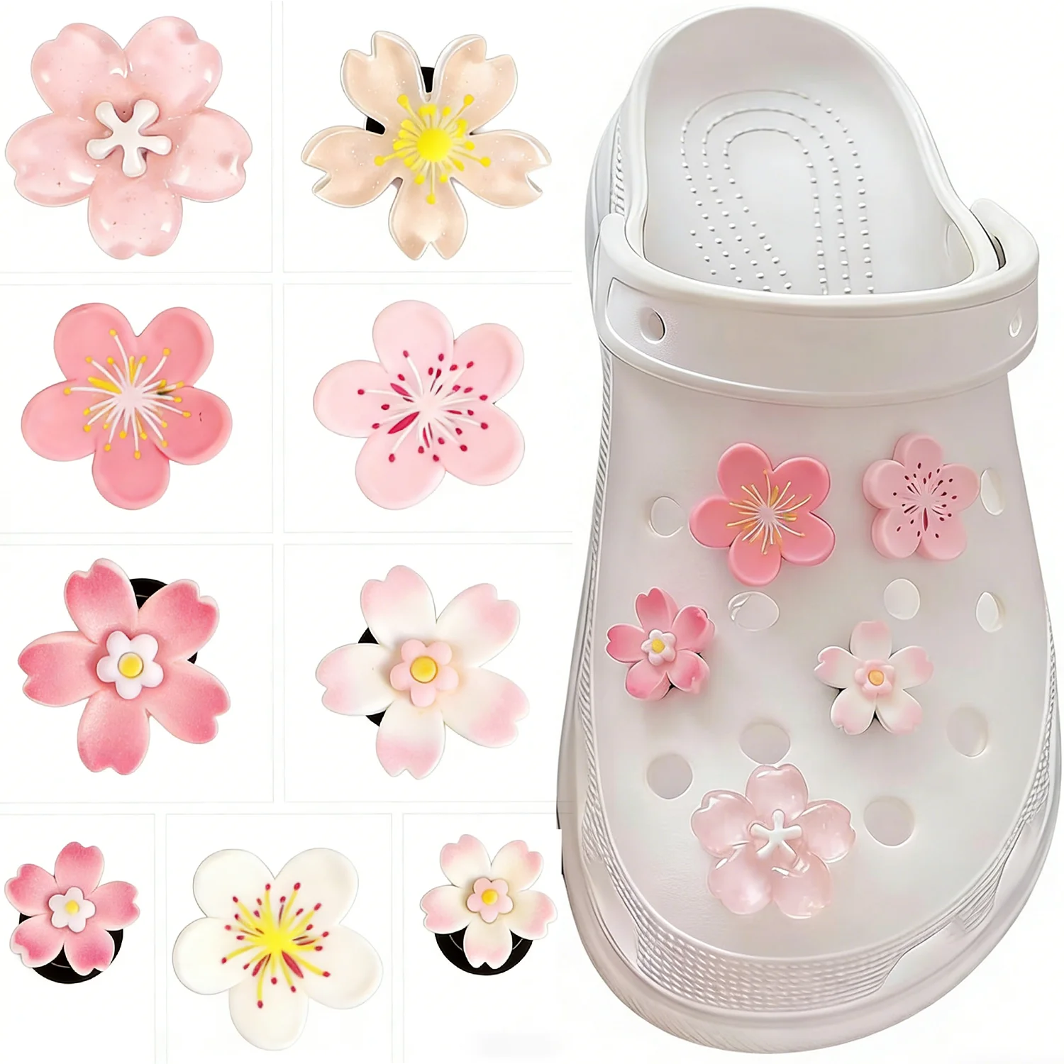 Set de Charms de Flores de Sakura para Crocs, Decoración Floral Estética Japonesa para Sandalias Crocs, para Mujeres y Niñas