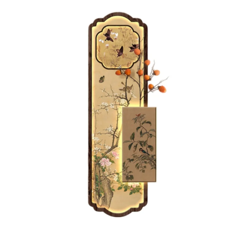 Middle ancient style background wall decoration, green plants, living room entrance door, hanging paintings, wall lamps