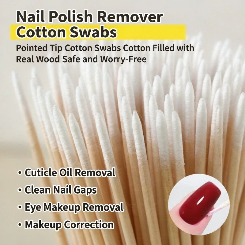 100Pcs Nails Wood Swab Clean Sticks Bud Tip Wooden Cotton Head Manicure Nail Polish Remover Clean Sticks Manicure Tools