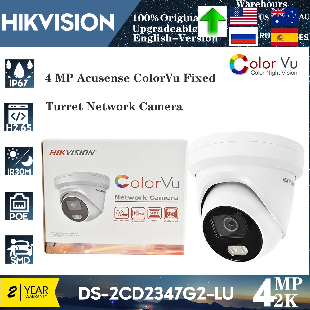 Original Hikvision DS-2CD2347G2-LU ColorVu IP Camera 4MP POE H.265+ IR30M Built-in Mic ColorVu AcuSense Turret Camera