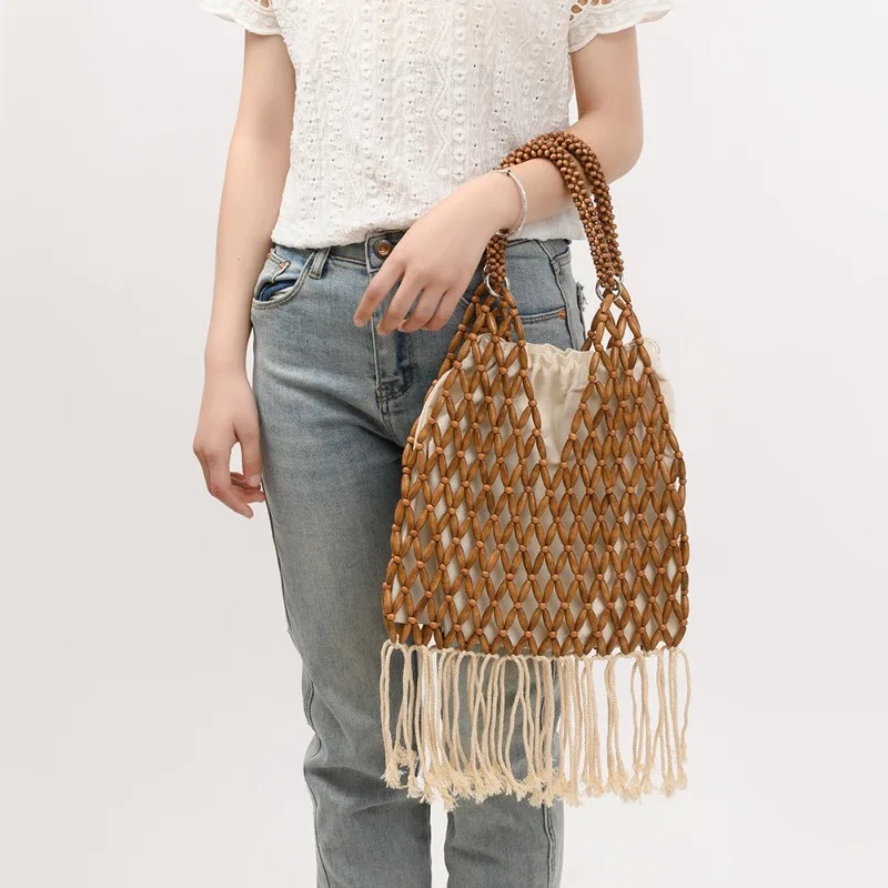 

1pcs Wooden Beads Hand-woven Tassel Bag Women's Hollow Shoulder Bag Shoulder Handbag Bohemian Style