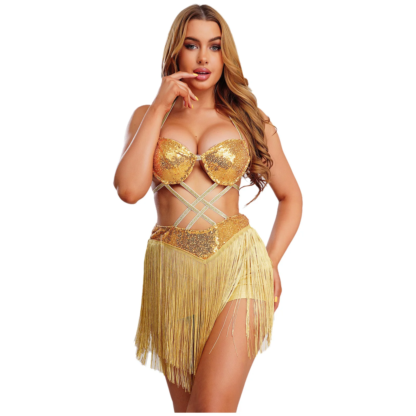 Vestido de baile con lentejuelas y borlas para mujer, sujetador push-up con cuello Halter y espalda descubierta para vientre, Tango latino cha-cha Samba, vestido de baile de salón