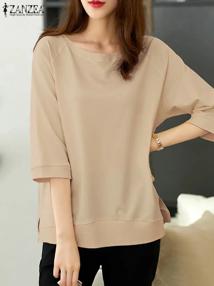 ZANZEA Women 3/4 Sleeve Blouse 2024 Summer Casual Loose T-Shirt Simple Solid Holiday Round Neck Tops Korean Office Loose Tunics