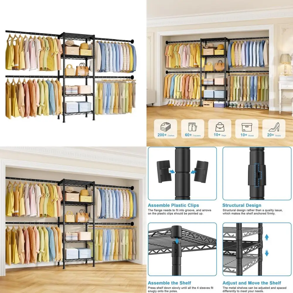 نظام خزانة مثبت على الحائط باللون الأسود مع 4 قضبان شماعات و5 أرفف، منظم ملابس قابل للتعديل (70.8-102.3 لتر × 14.5 عمق × 71.2 ارتفاع)