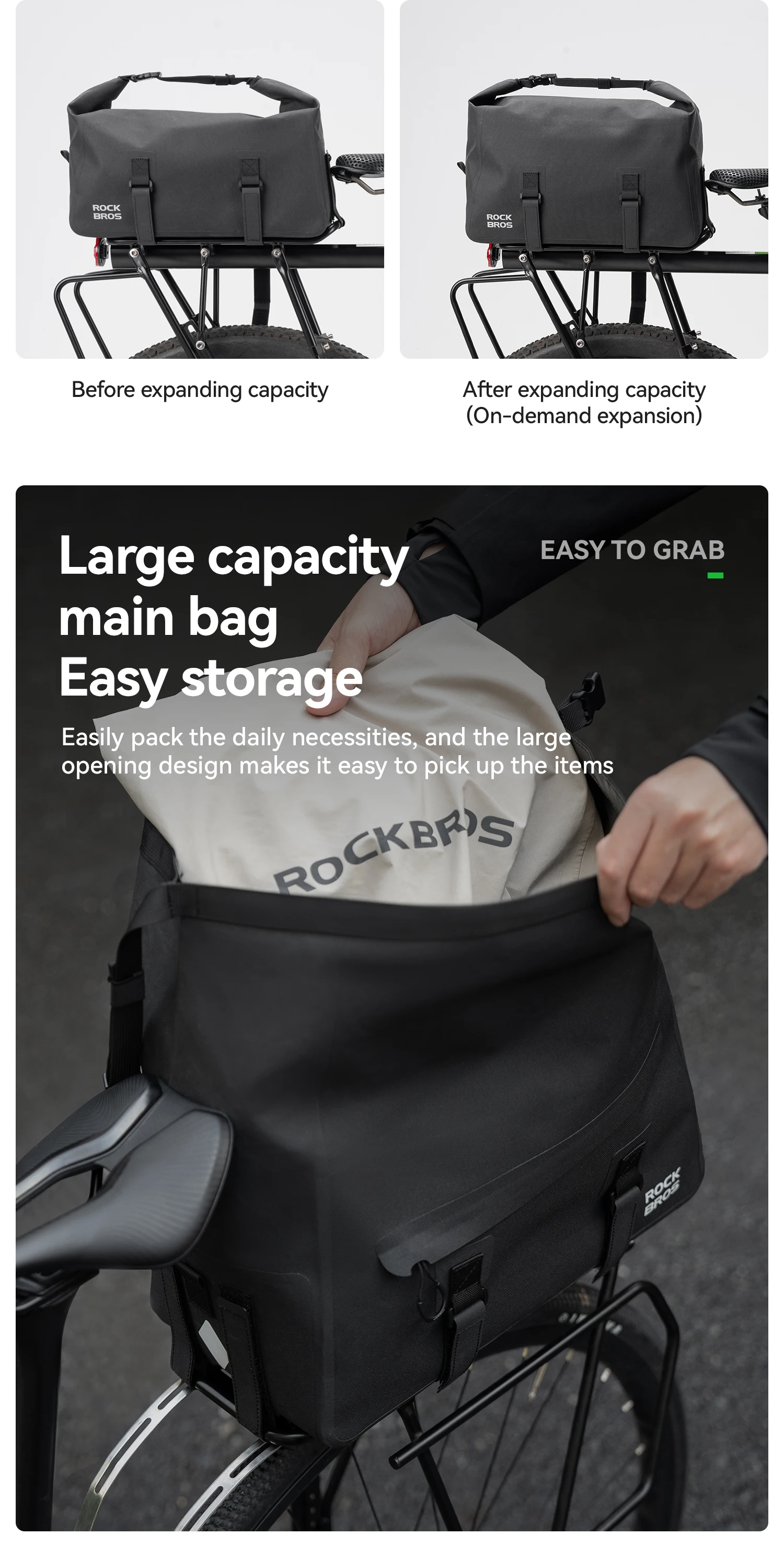 ROCKBROS Fahrrad-Gepäckträgertasche Erweiterbar 16L Große Kapazität Wasserdichte Rücksitztasche Tragbare Schultertasche Fahrrad-Zubehör – Detail 8