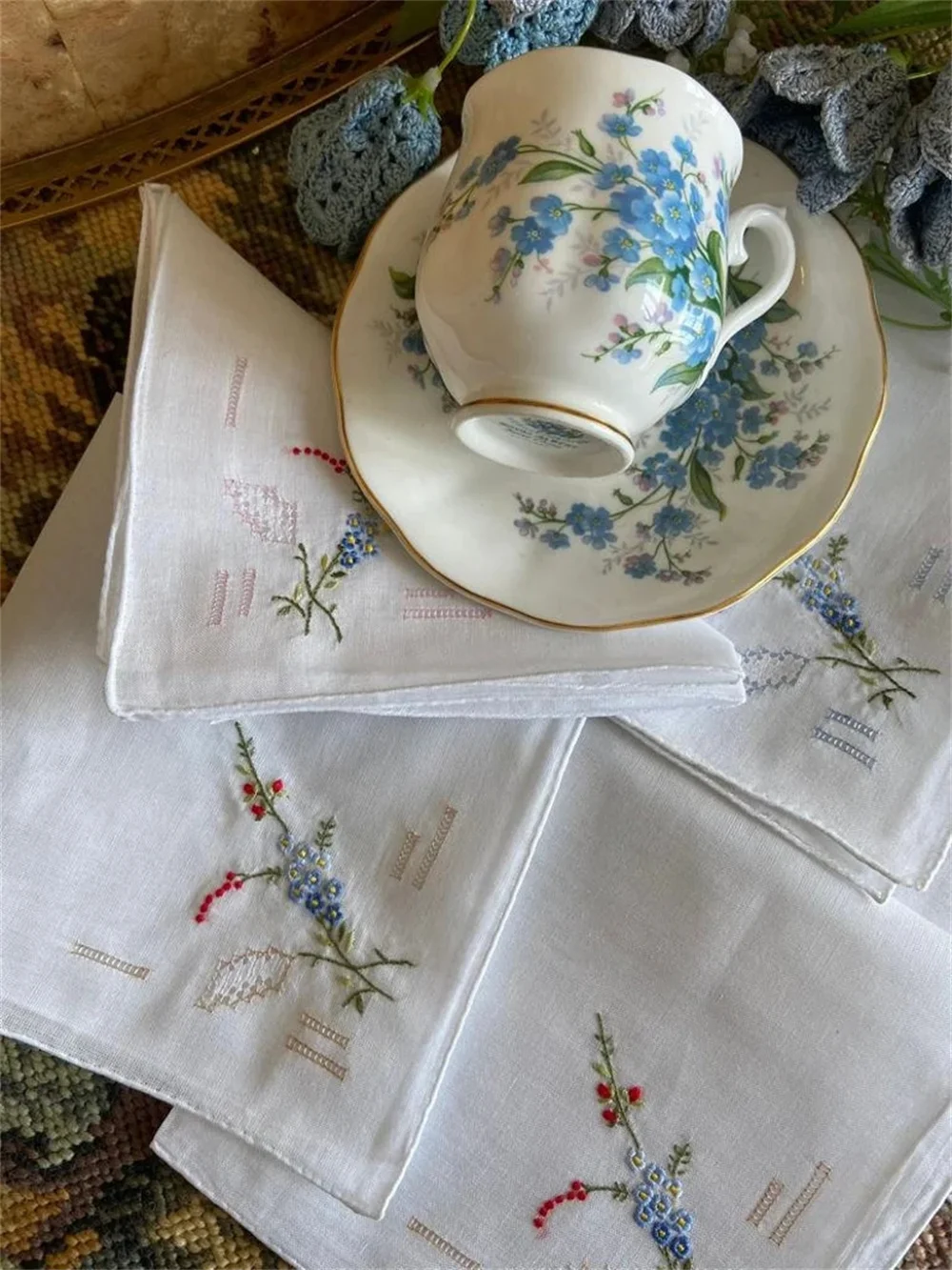 50PCS Vintage Antique Handmade Handkerchief Napkin 80’s Gift Flower Hanky Embroidered 6 Pieces