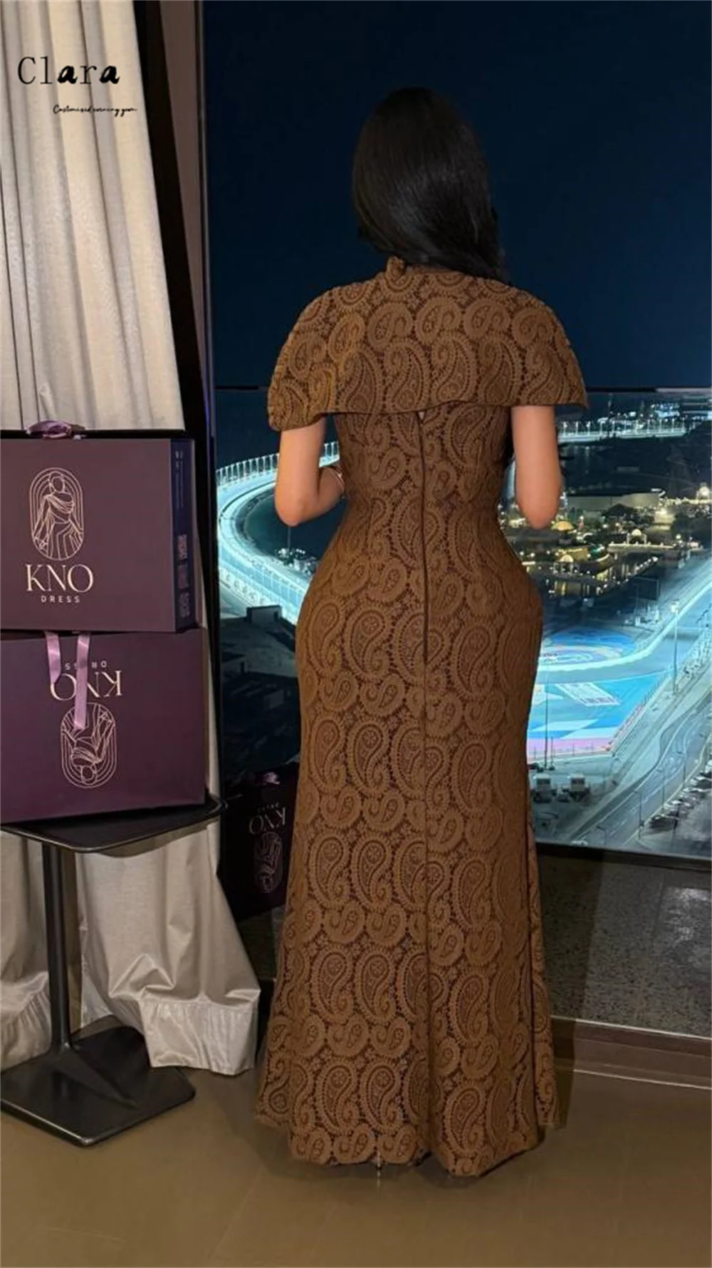 brown fishtail dress Sheer Luck Amara Halter-Neck Shawl-Style Boned Fishtail Dress (Apricot Brown) S