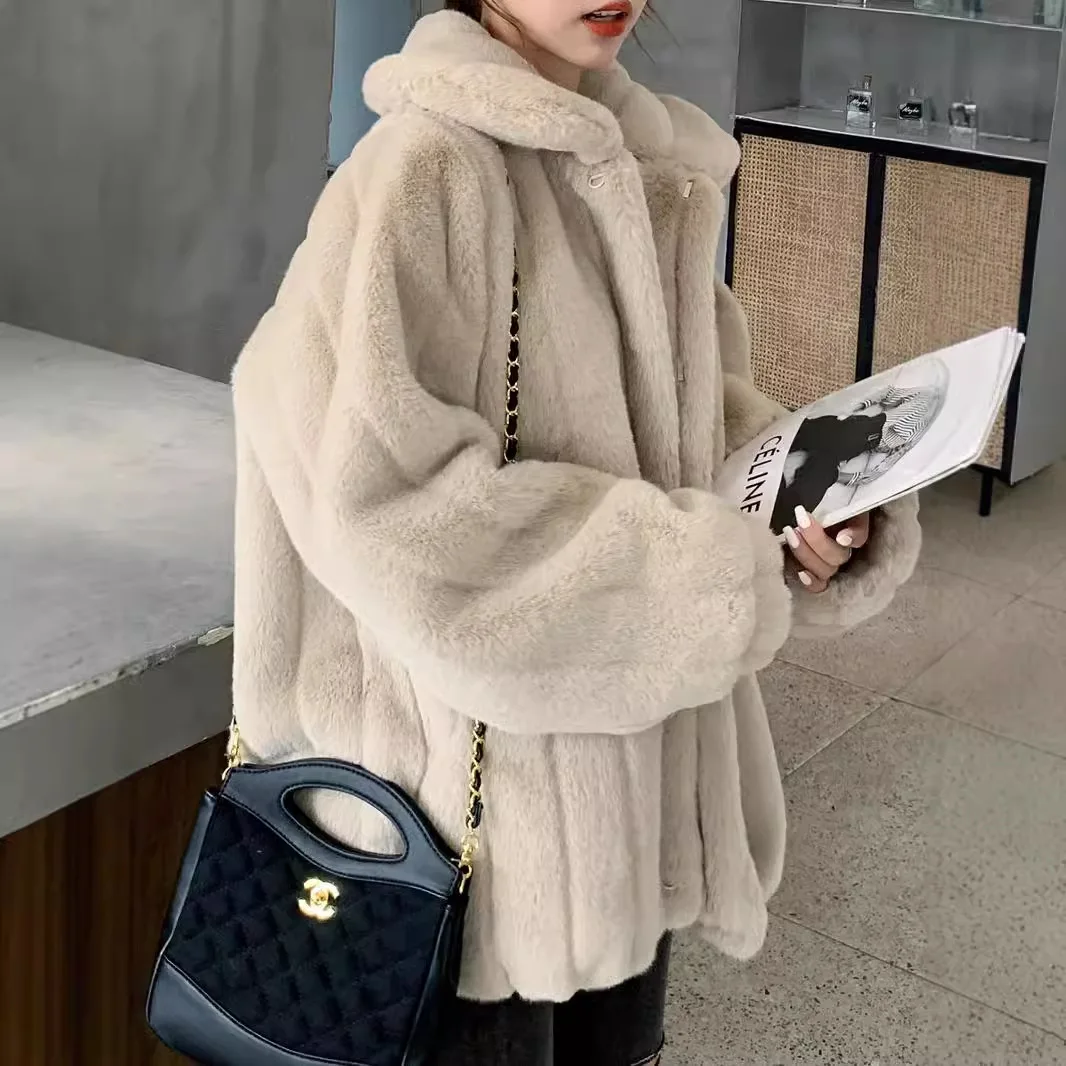 NUOVOFaux Cappotto di Pelliccia di Coniglio Y2k Giubbotti Cappotto da Donna Gira Imbottiture Colletto Manica Lunga Monopetto Spessore Allentato Autunno Inverno 2026