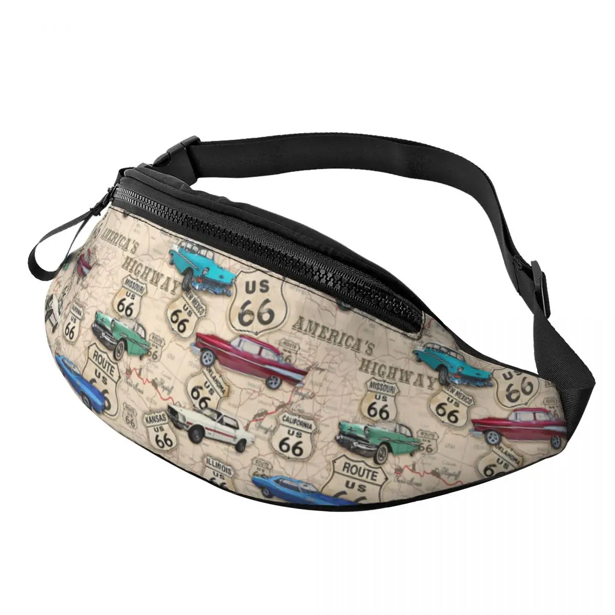 Sac banane personnalisé Route 66 Muscle Car Map pour hommes et femmes, sac à bandoulière, sac de taille, voyage, randonnée, téléphone, poudres d'argent