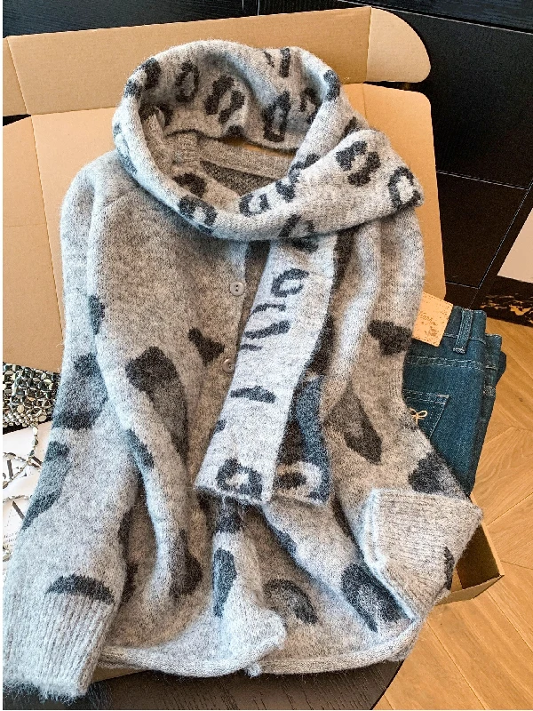 

Korean Sle plus Size Leopard Print Knitted Sweater Women's Autumn Winter Slimming Loose Lazy High-End Feel Cardigan Scarf T...