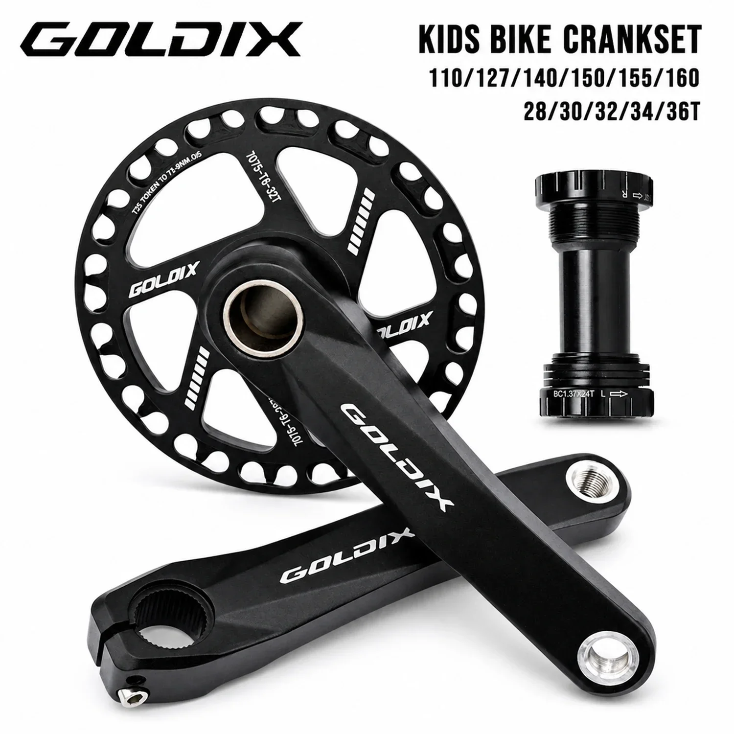 GOLDIX Kids Bike Crankset 110mm-160mm Forged Aluminum Alloy Crank Arm CNC Machining with Chainring Guard for Children Bicycle
