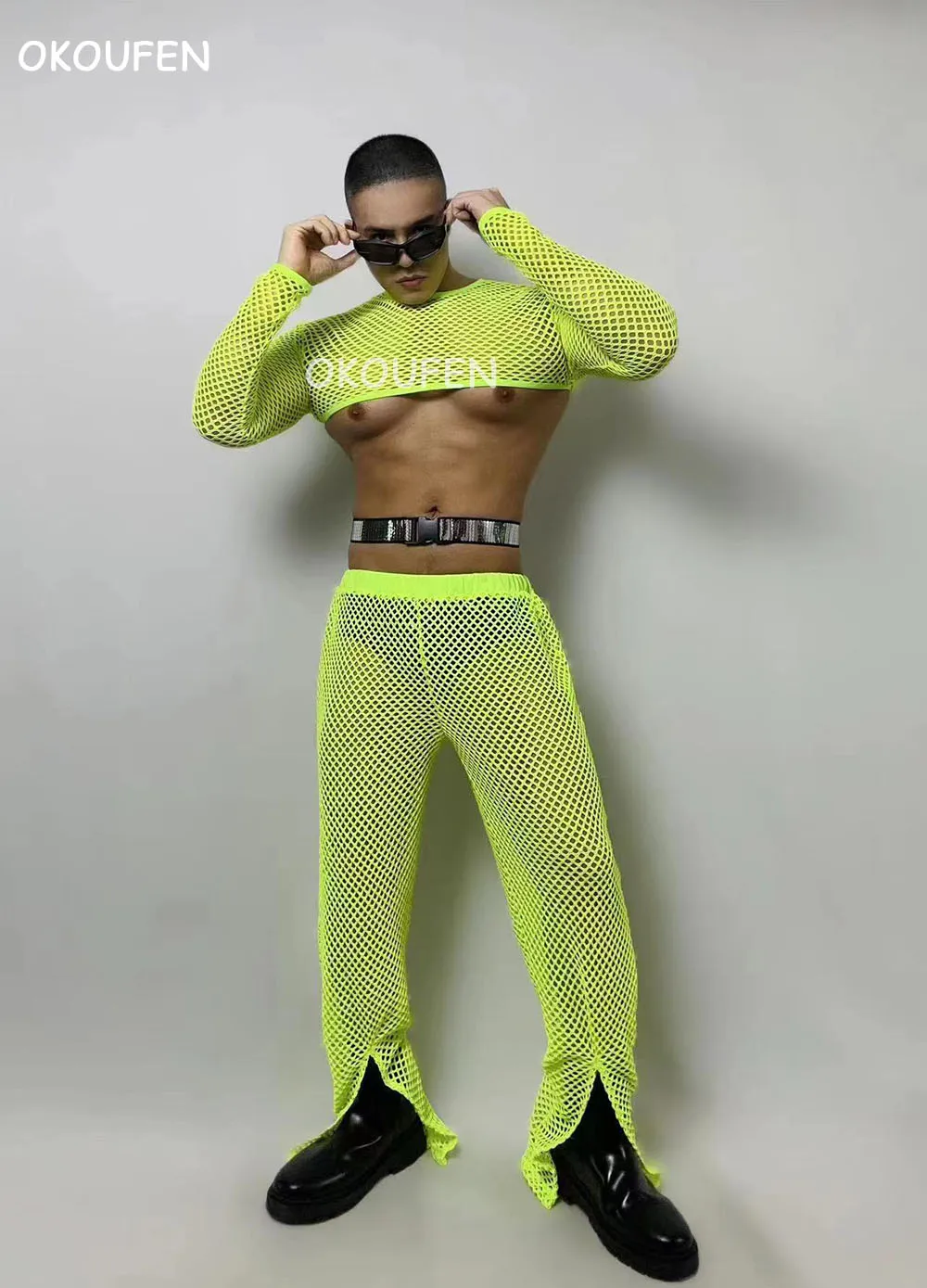 New Fluorescent Green Mesh Jazz Suit Nightclub bar Male Singer Ds Gogo Costumes Party Stage Theme Dance Outfit