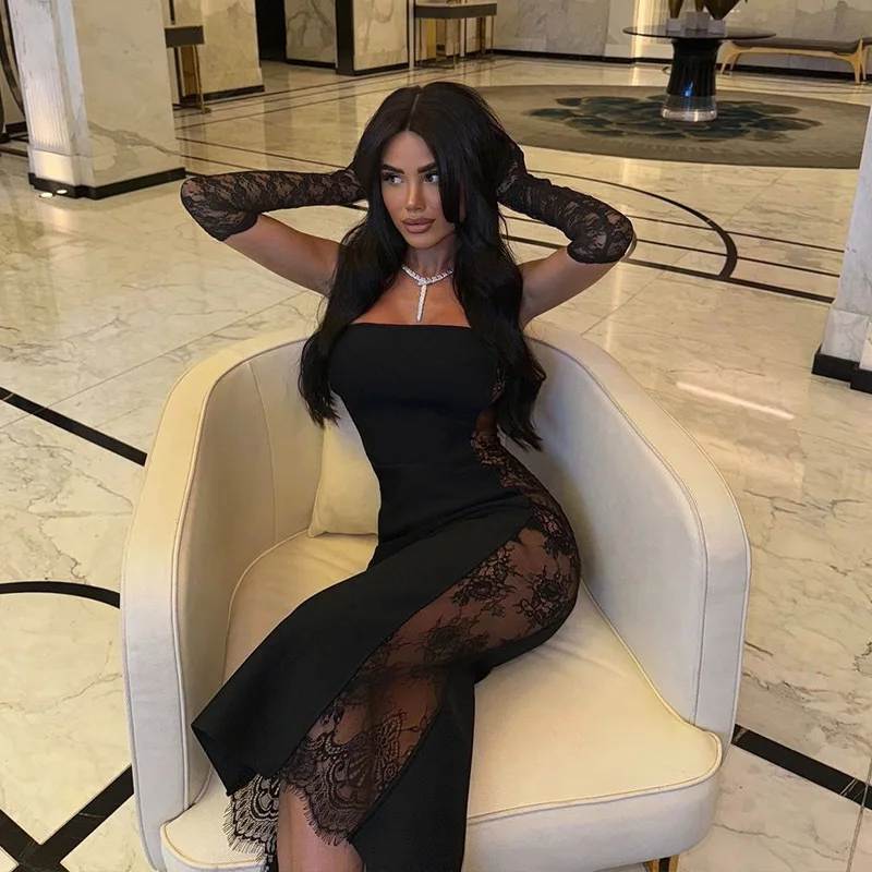 

AliExpress Cross-border New Tube Top Sexy Perspective Lace Splicing Tight Temperament Hip-wrapped Long Dress Spice Girl Dress