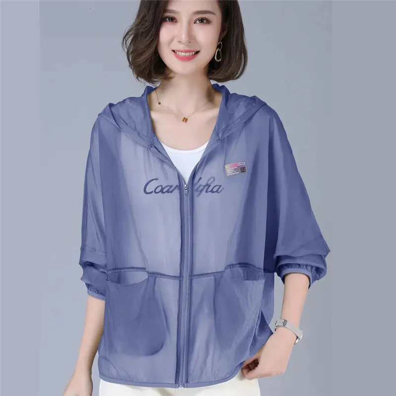 Half Transparent Women's Breathable Sun Protection Clothing 2022 Summer New Light Ladies Coat Hooded Zippered Loose Jacket