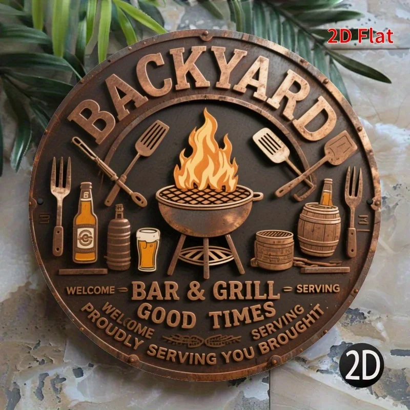 Panneau métallique 2D plat, 1 pièce, Vintage, pour Bar et gril d'arrière-cour, décoration murale ronde en fer de 7.8 pouces avec scène de barbecue, idéal pour la maison, le bureau
