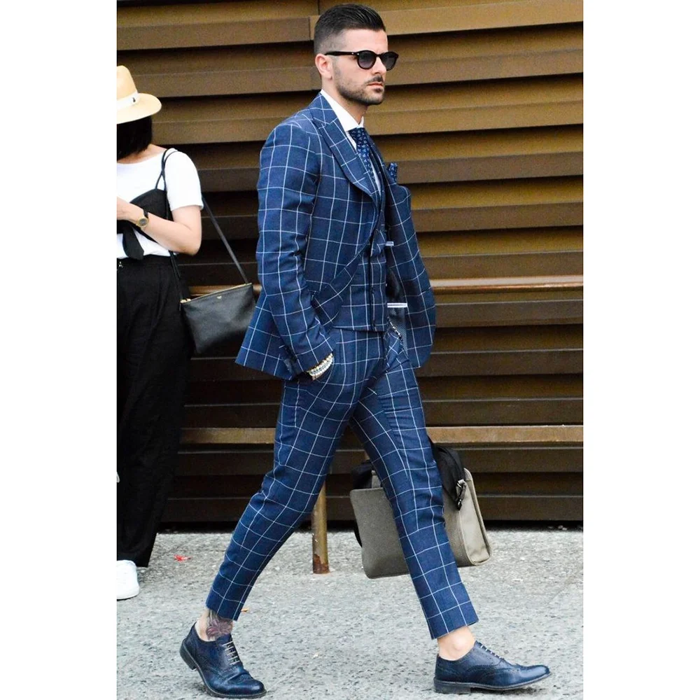 

Men Blue Plaid Suit 2 Pieces Jacket Pants Casual Business Daily Commute Work Party Chic Male Clothing