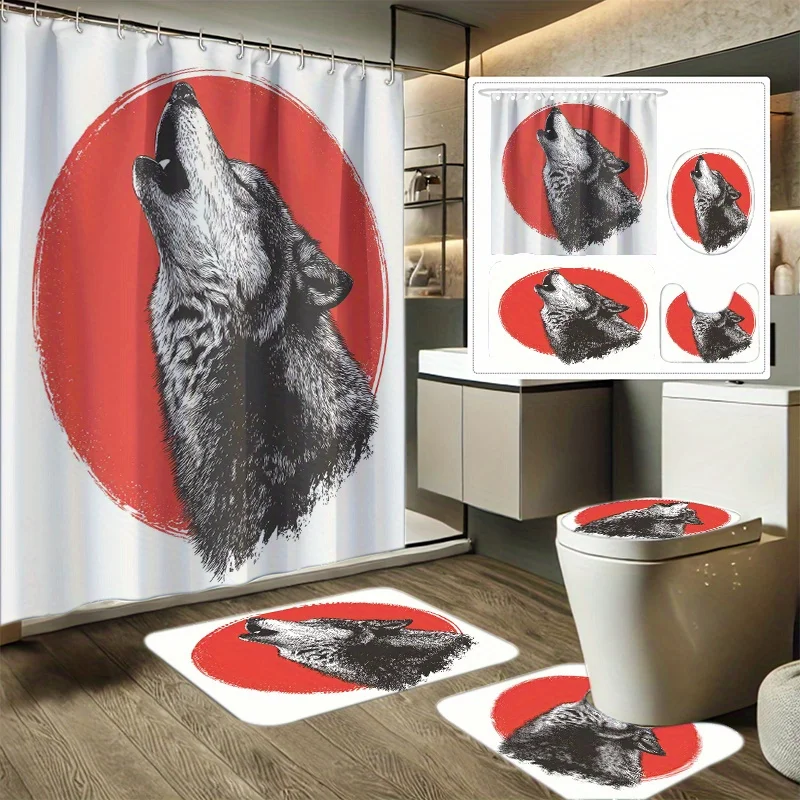 

4pcs Wolf Howling Red Moon Printed Shower Curtain Set, Decorative Bathroom Set Includes Shower Curtain, Non-Slip Floor Mat