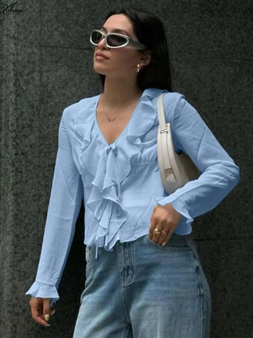 Oymimi Fashion Blue V-Neck Woman Blouses Autumn Casual Long Sleeve Ruffled Solid Blouses Elegant Lace-Up Slim Blouse Streetwear