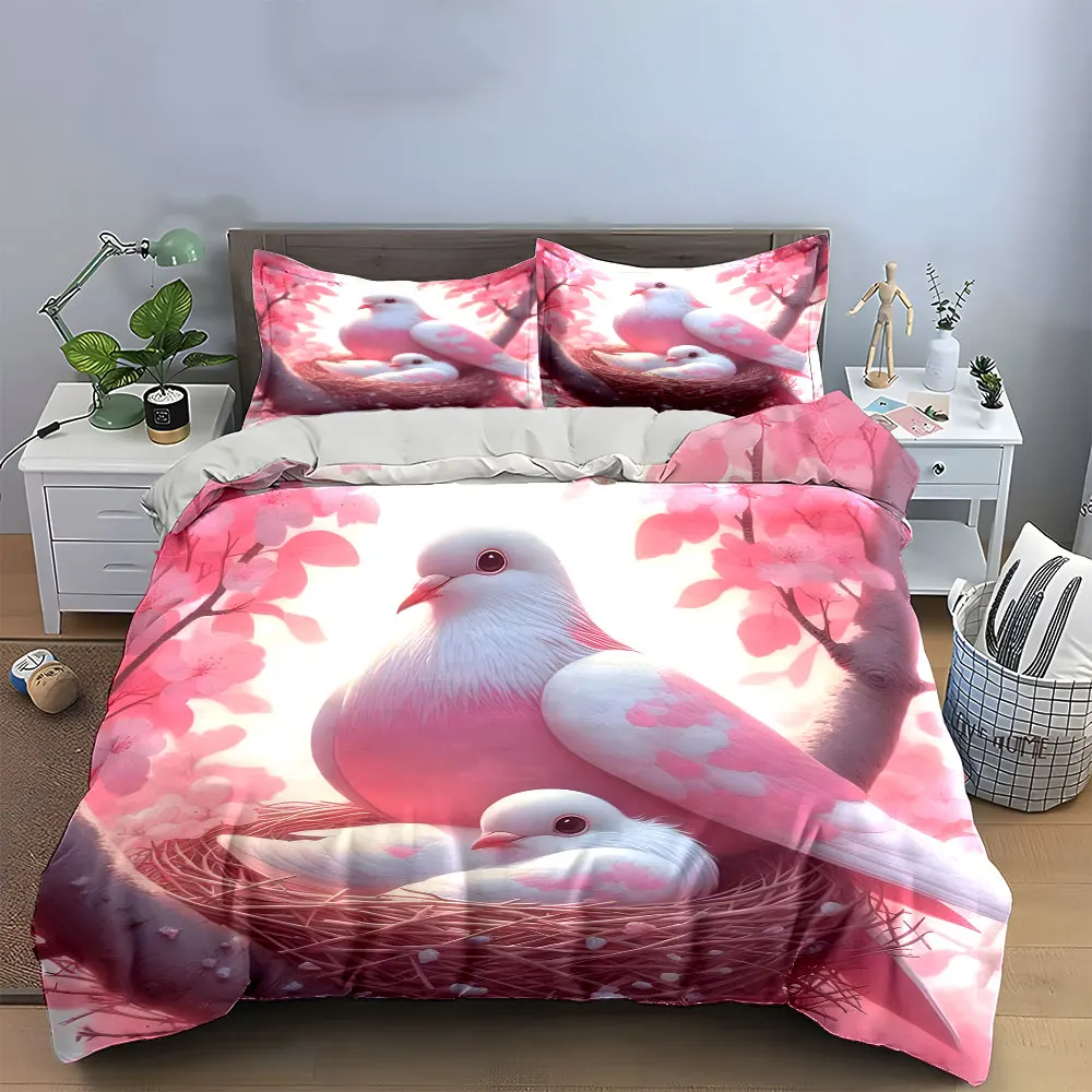 3Pcs Pink Cherry Blossom Dove Family Duvet Cover Set, Sweet Nest Bird Art Bedding Includes 1 Duvet Cover And 2 Pillowcase, Gift