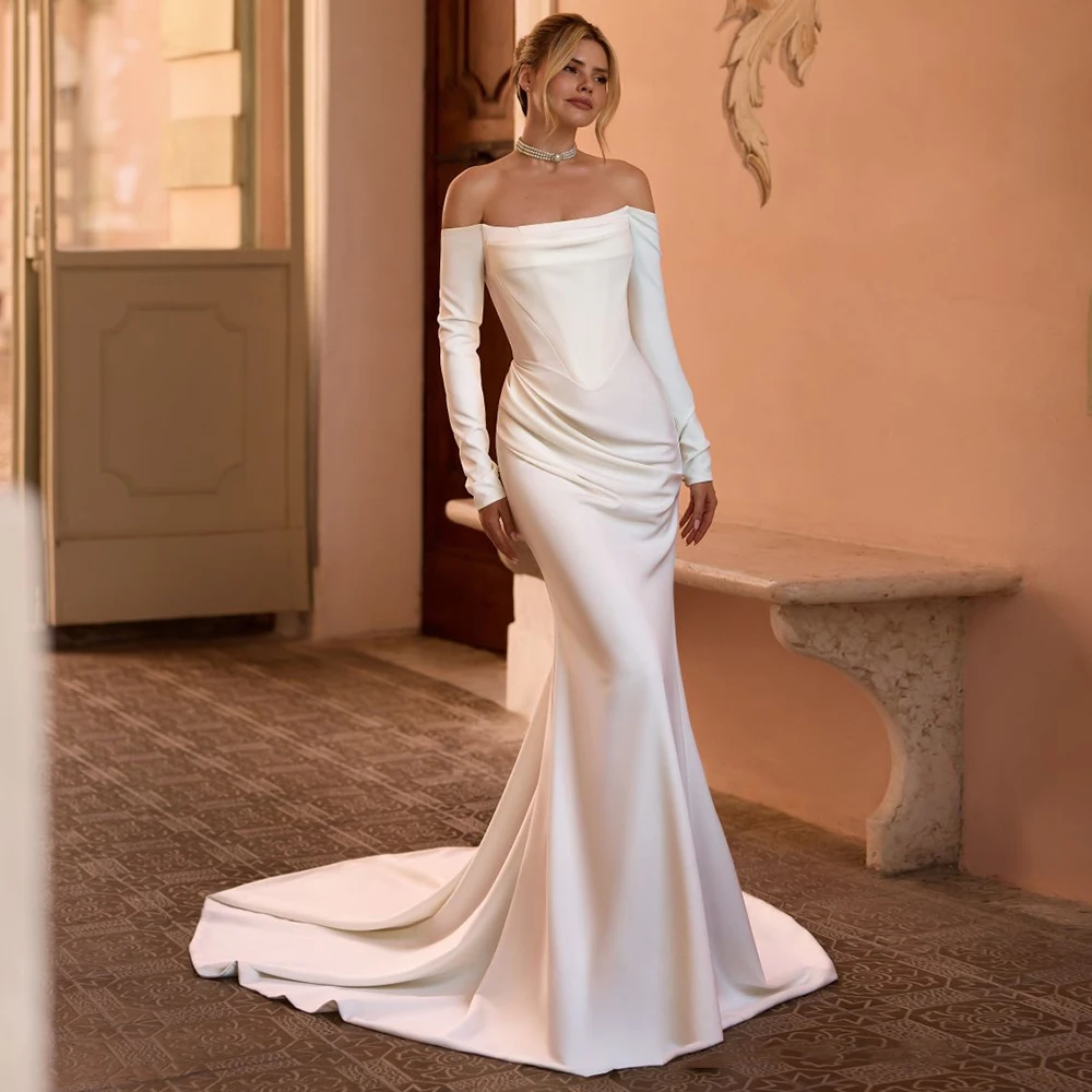 

Simple White Mermaid Bridal Wedding Dress Sexy Strapless Off the Shoulder Long Sleeves Court Train Jersey Bridal Gown Customized