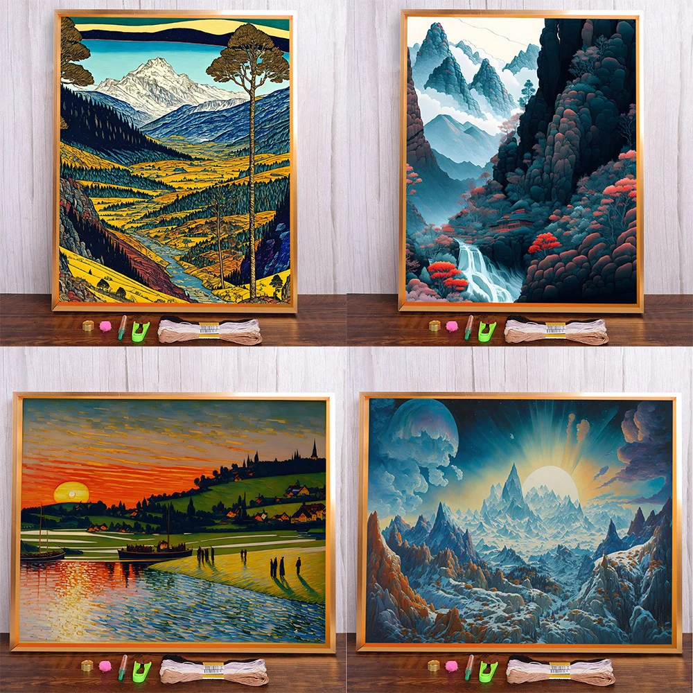 Landscape Fantasy Nature Printed Fabric Cross-Stitch Set DIY Embroidery Hobby Handicraft Handmade Sewing Package Sales Different