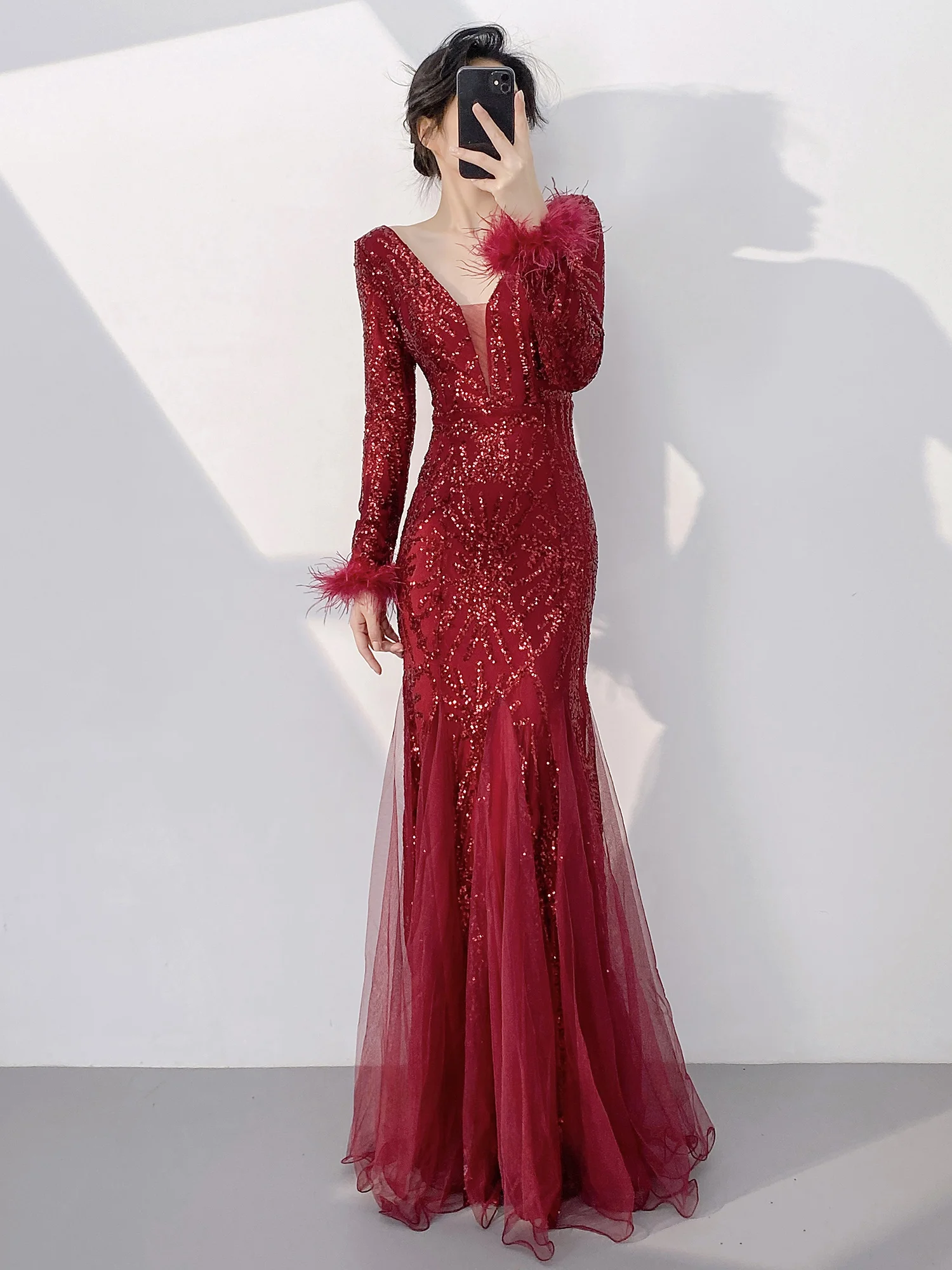 

Red Evening Gown Women's High-End Sensation Par Host Sequin Fi Tail Engagement Dr Wedding Dr Long Sve V-Ne
