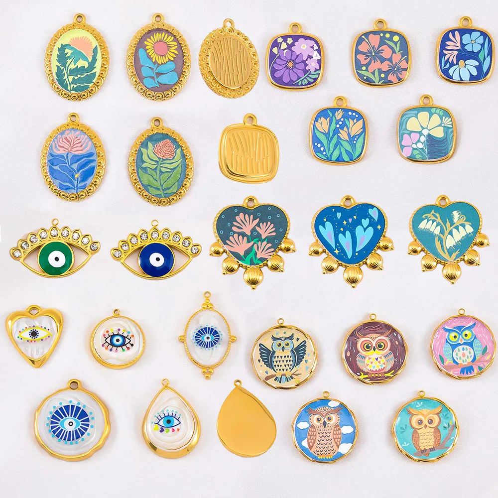 

2pcs Stainless Steel Charms Enamel Eye Owl Painting Animal Flower Necklace Butterfly Pendant DIY Earring Supplies Jewelry Making