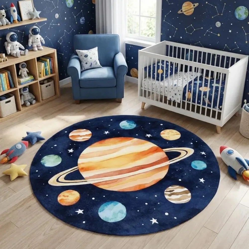 Colorful Space Solar System Round Floor Mat Cartoon Planet Carpet Educational Decor Rug For Kids Bedroom Living Room Home Decor