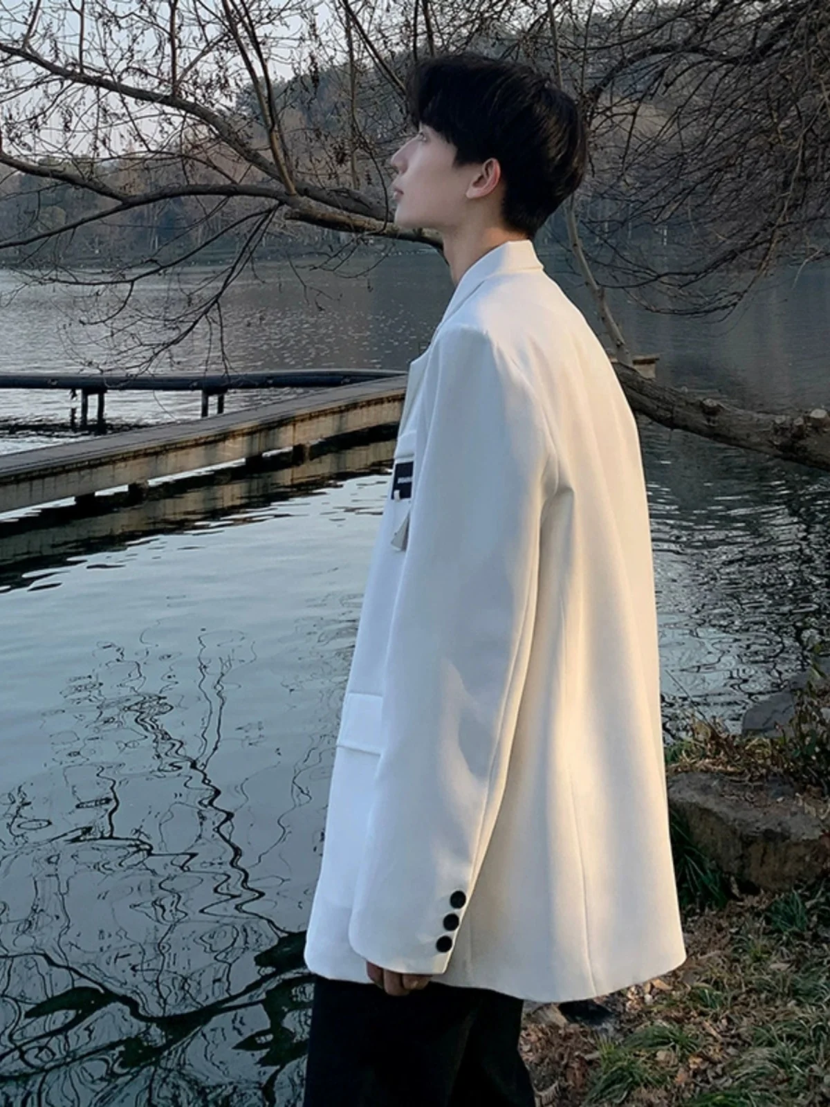 

Youth Casual Sle Men's Spring Korean College Faion ort Fit White Jaet Cotton Pure Color Long Sve Two Buttons Suit