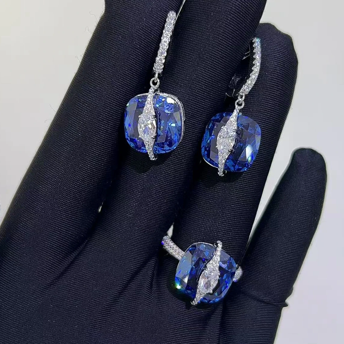 KQDANCE 925 Silver Cushion Cut Sapphire Blue Red Green Crystal Gemstone Necklace Earrings Rings Women Wedding Party Jewelry Set view 2