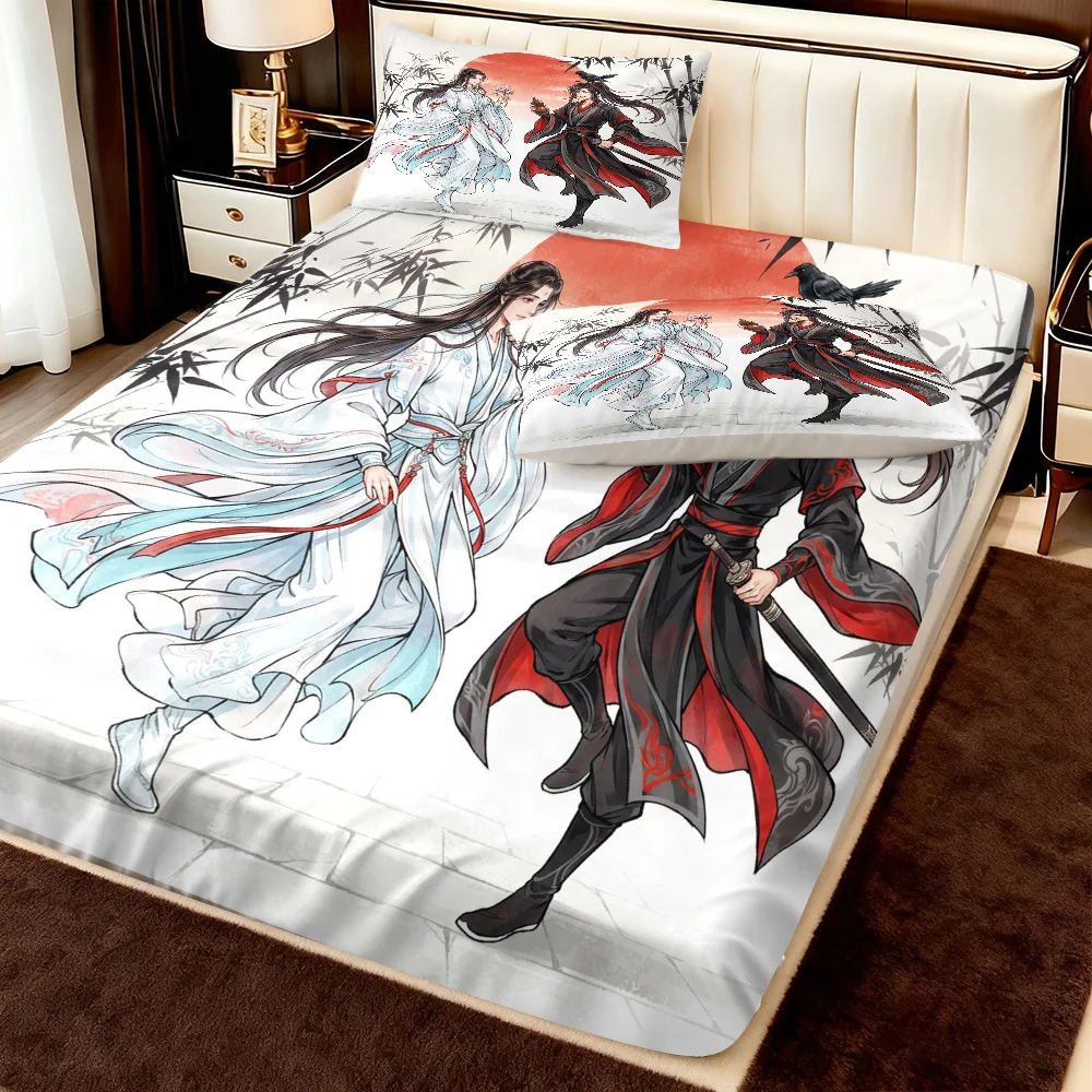 3-Piece Mattress Protector Set, 2D Flat Printed Fitted Sheet, Character and Floral Bamboo Pattern Three-Piece Set, Romantic Style Bedding, Mattress Protection, Home Bedroom Decoration, Holiday-Themed Fitted Sheet and Pillowcase, Mattress Protector Cover, Stain-Resistant, Mattress Protector Cover Suitable for All Seasons, Machine Washable and Easy to Care For, Universal for Home Bedroom, Essential for Dormitories and Rentals, Master Bedroom and Guest Room Decoration, Dust-Proof and Stain-Resistant, High Elasticity, Fits Various Sizes