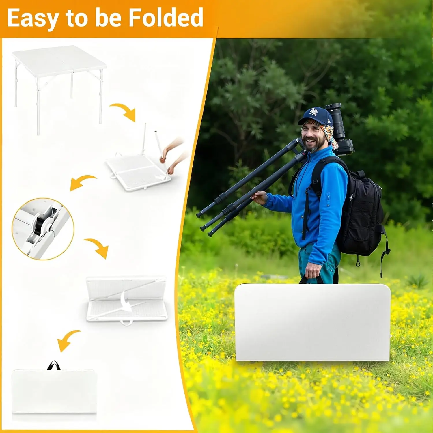34" Square Folding Table, Multi-Functional Portable Foldable Card Table with Carrying Handle for Indoor Outdoor Camping Picnic Office Party Use Plastic Tabletop with Metal Frame White