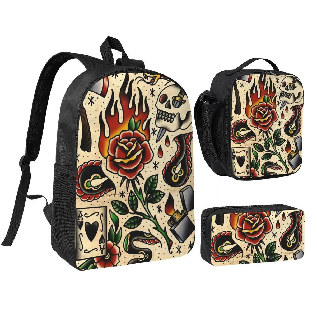 

American Traditional Flash Pattern Tattoo Backpack BookBag School Bag Shoulder Bags 3ps Insulated Lunch Bag Pencil Case