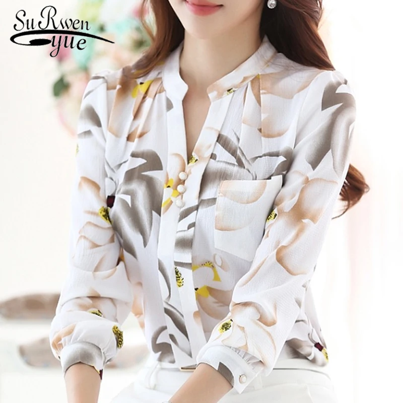 Fashion Print Long Sleeve Tops V-Neck Slim Chiffon Blouse Women Clothing 2023 Spring Business Office Work Wear Shirt Blusas 882G