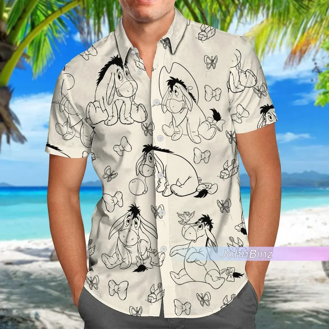 Camisas hawaianas de Disney Eeyore para hombres y mujeres, camisas de manga corta, camisas hawaianas de Disney, camisas de playa informales de