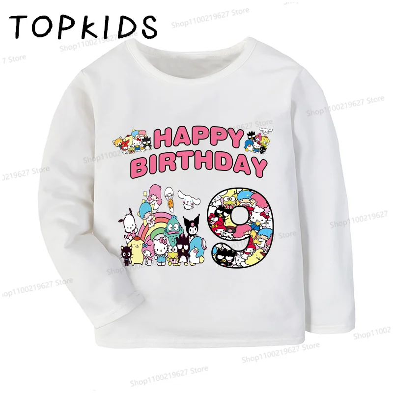 Sanrio Hello Kitty And Friends Girls Clothes Kids T shirt 1 2 3 4 5 6 7 8 9 Years Birthday Number Long Sleeve Baby Boys T-Shirts