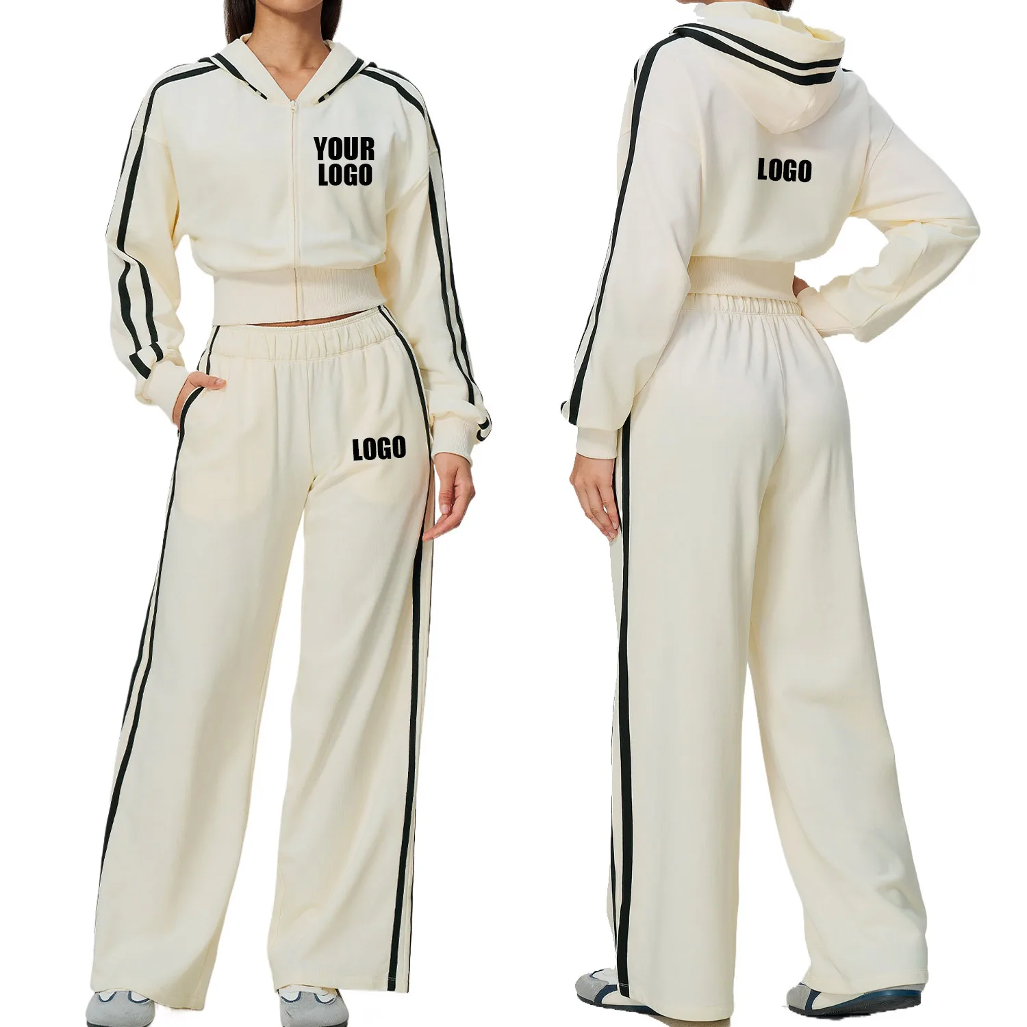 Pers LOGO custom women's new cotton sports loose thickened hooded sweater jacket contrasting color wide-leg pants two-piece set