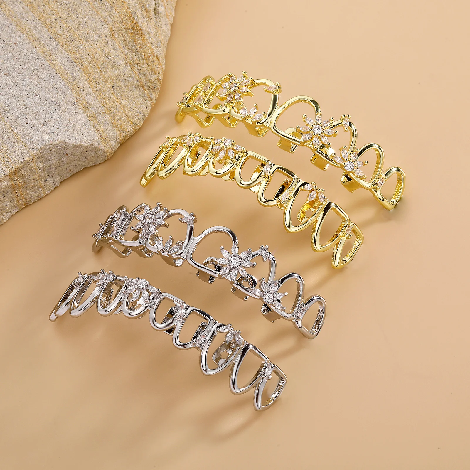 TOPGRILLZ Sweet And Cool Hollow Out Floral Gold Plated Copper Two Row Iced Out Clear CZ Grill For Men&Women 8 Teeth