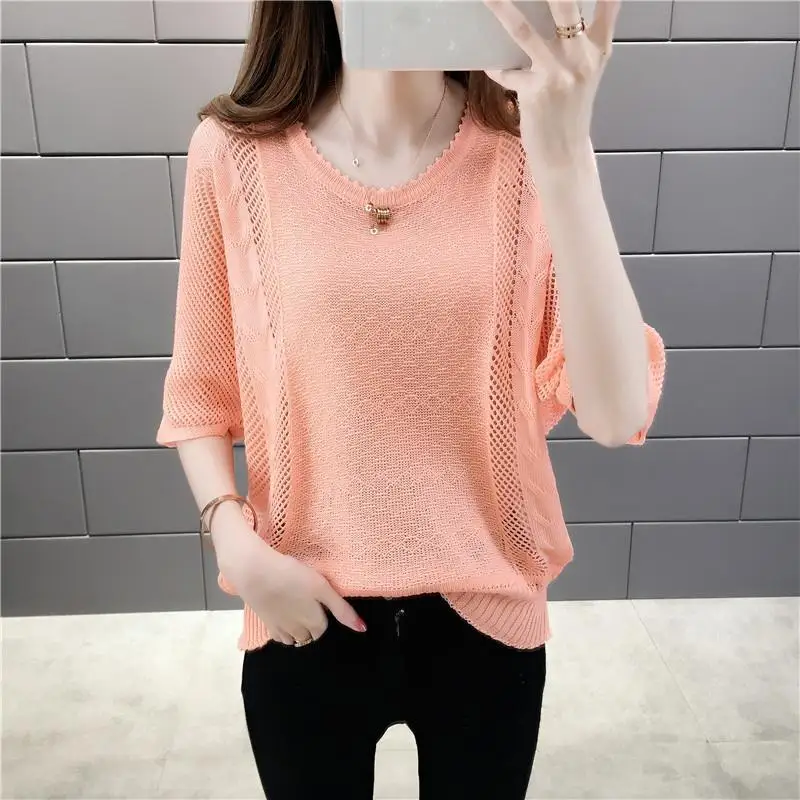 Spring Summer Thin Bat Sleeve Knit Top for Women 2024 New Loose Relaxed Pullover Round Neck Hollow Short Sleeve Bottom Top