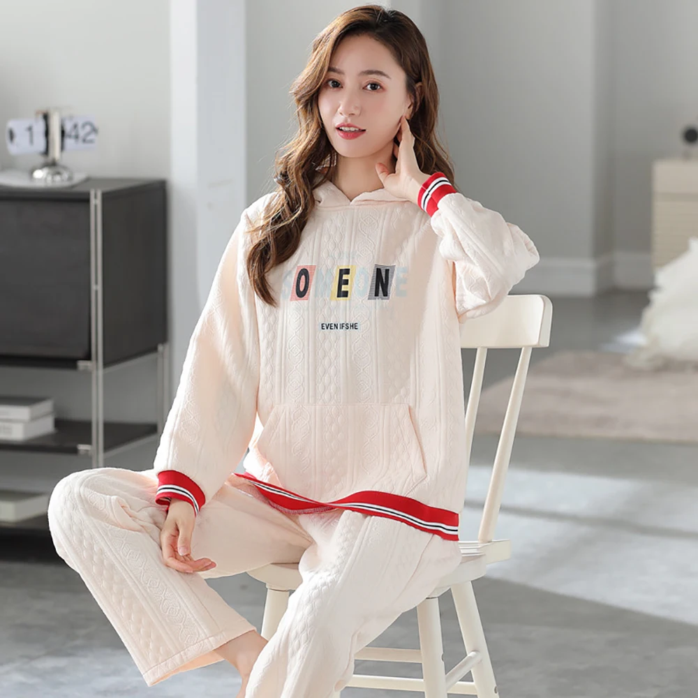 

Antistatic 3-layer Thicken 100% Cotton Filled Hoodie Winter Sleepwear for Sleeping Warm Knit Women's Pajamas Set Soft Pyjamas