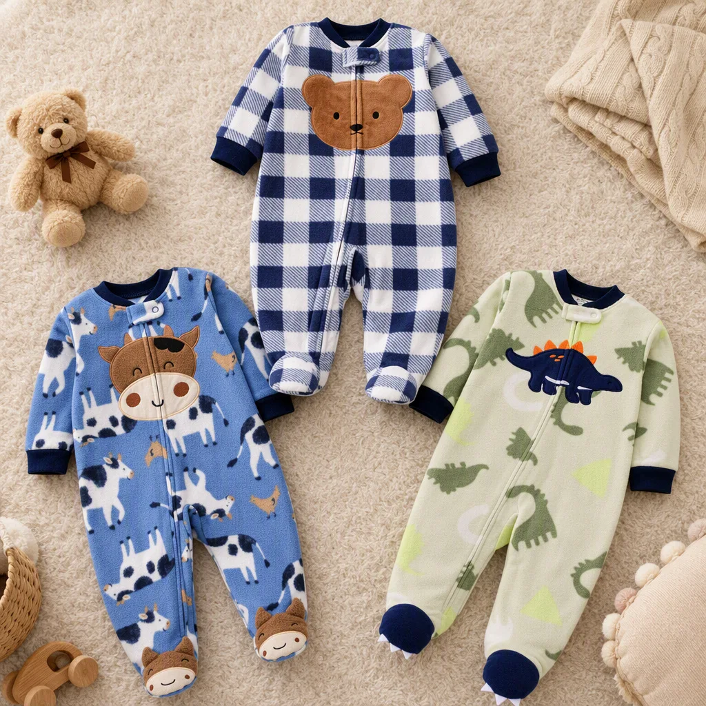 Infant Boys Plaid Cartoon Print Polar Fleece Footed Romper Cute Animal Embroidery Zipper Onesie Warm Autumn Winter Baby Clothes