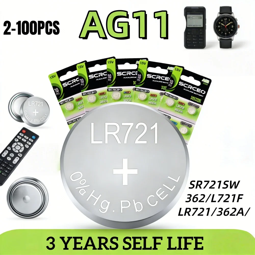 

2-100PCS LR721 AG11 1.5V Button Battery, Lithium Manganese Dioxide, for Calculators, Watches, Key Fobs