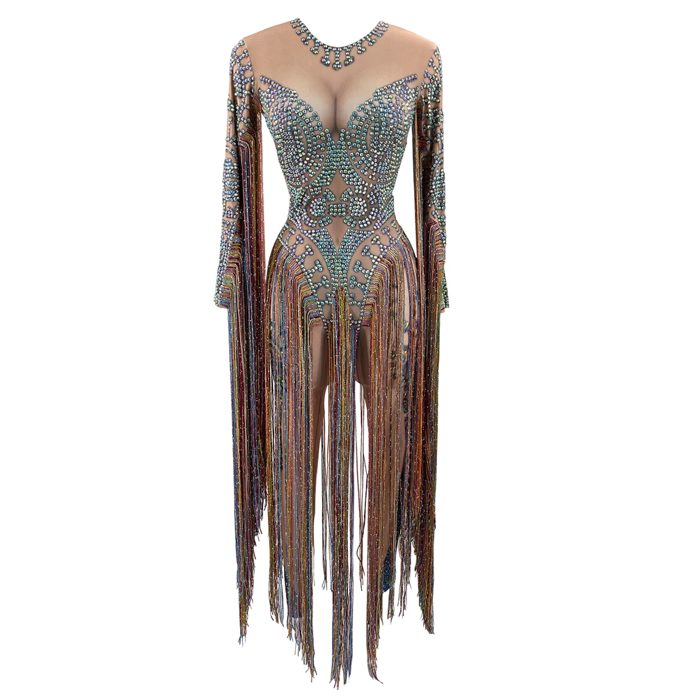 

Elegant Corset fringe Long Sleeve Rhinestone Jumpsuit Birthday Party Costume Bar Nightclub Stage Performance Rompers