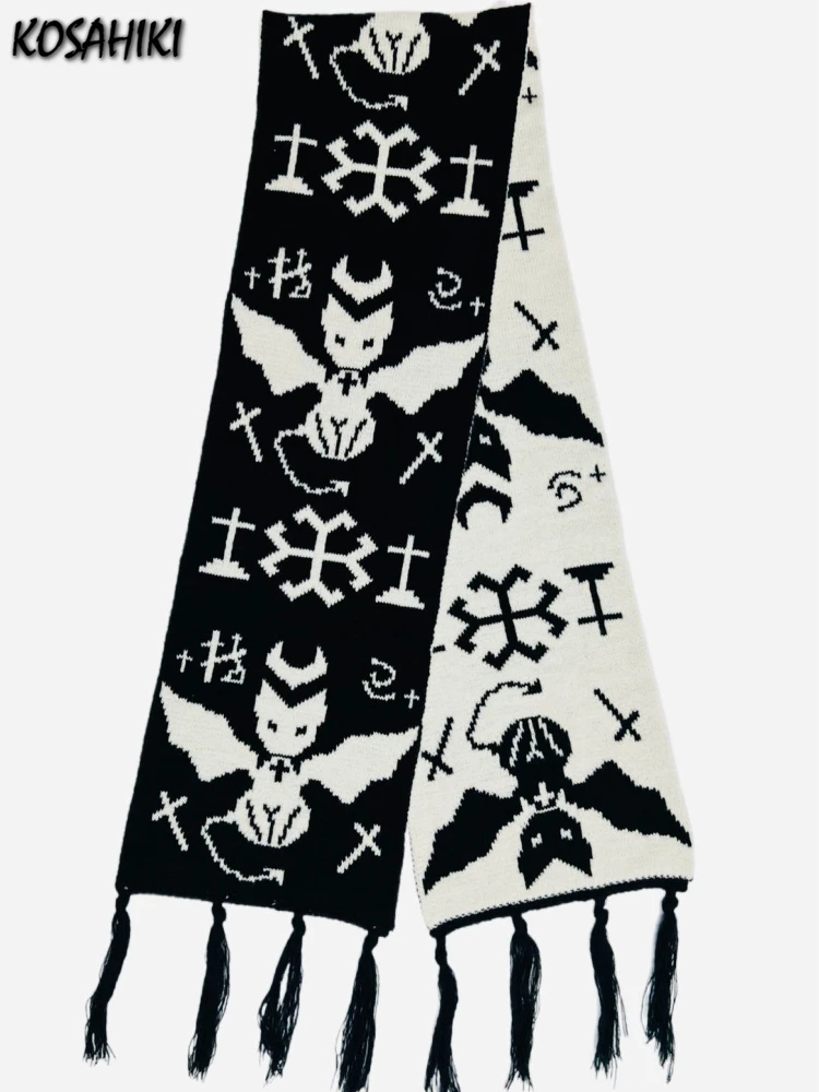 Y2k Aesthetic Girl Cat Printing Scarf Harajuku Two-sided Warmth Tassels Neckerchief Japanese Individuality Streetwear Scarves