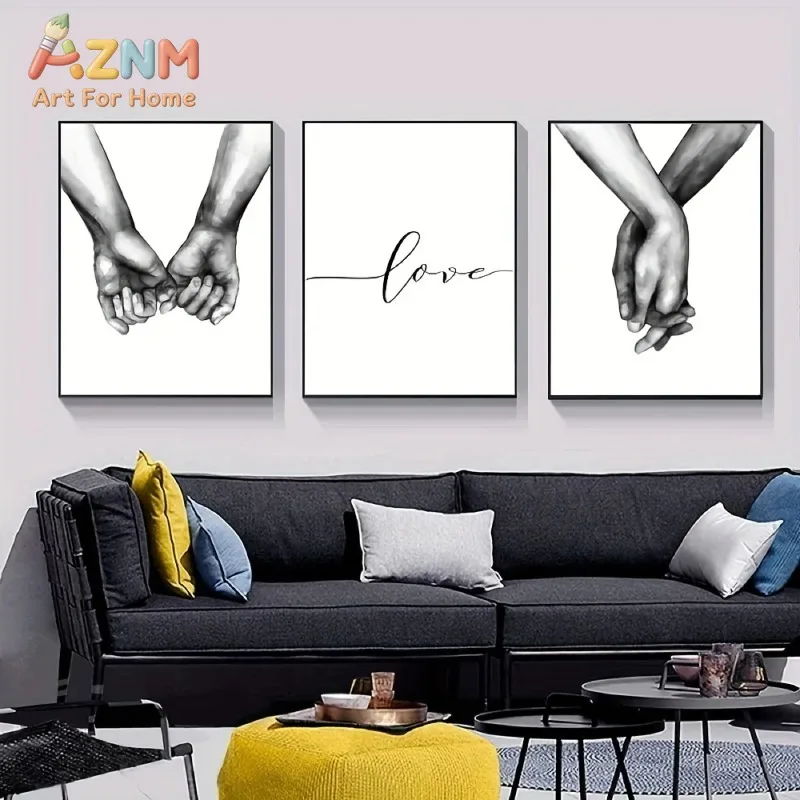 3pcs Black & White Minimalist Couple Holding Hands Frameless Canvas Love Text & Line Art Heart Poster Home Decor for Living Room