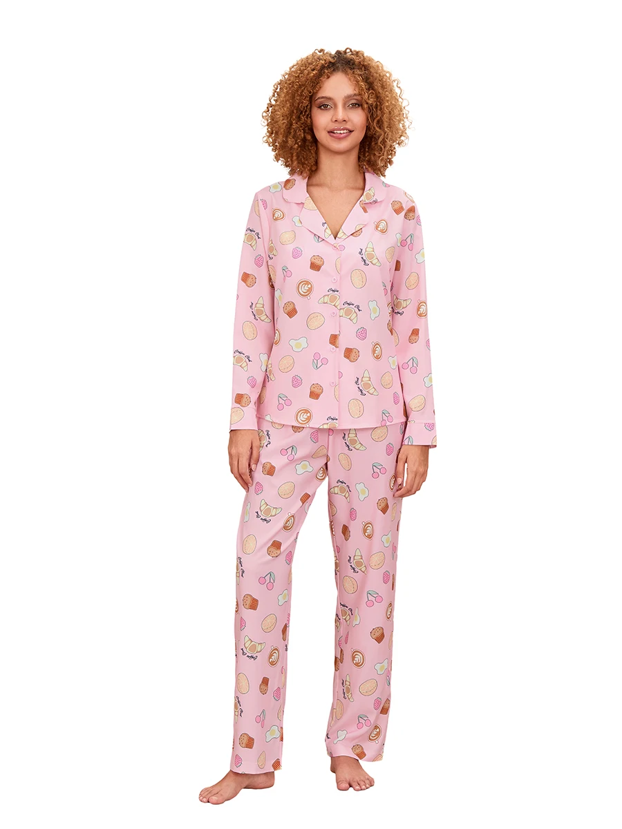 Niedliches Pyjama-Set für Damen, modischer Druck, Reverskragen, Knopfleiste, Langarm-Tops, lange Hosen, 2-teiliges Loungewear-Outfit